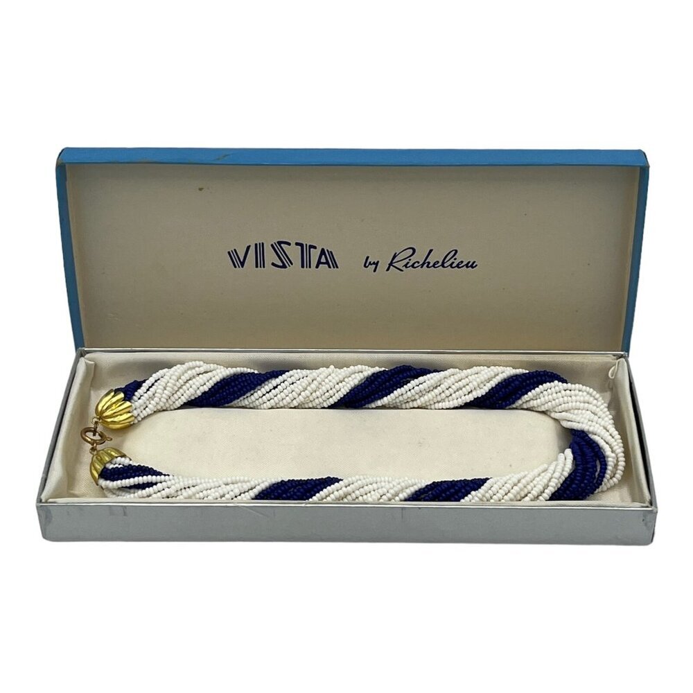 Vintage‎ Vista By Richelieu Beaded Necklace Choker White Navy Blue Twisted w/Box